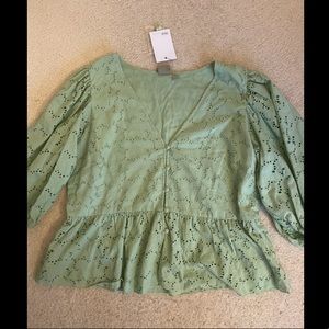 ASOS Peplum Broderie Blouse with Puffed 3/4 Sleeve